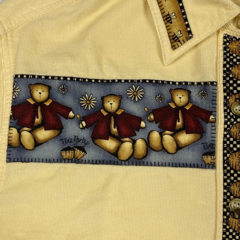 Cherokee Shirt Womens Medium Yellow Orange Corduroy Bears‎ Honey Tea Party VTG